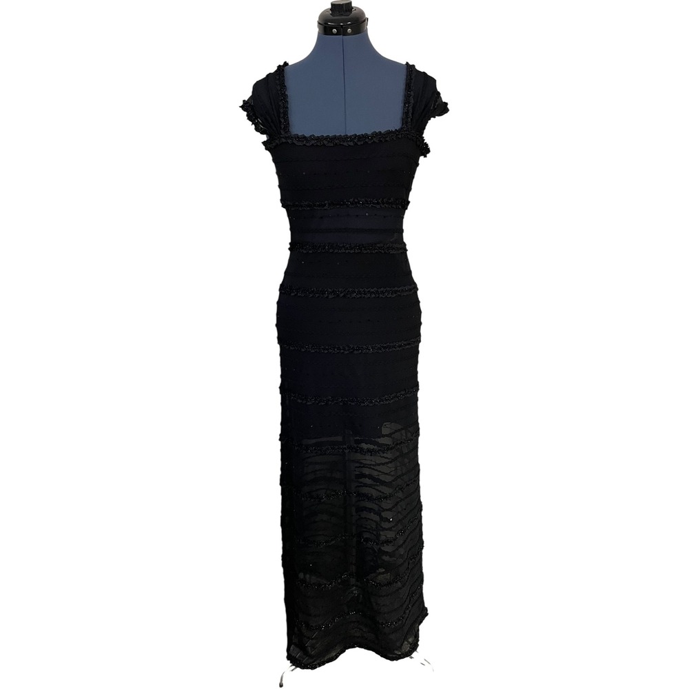 Tadashi Black Beaded Ruffle Tiered Sheer Mesh Bands Maxi Formal Dress Y2K Prom S - Picture 4 of 15